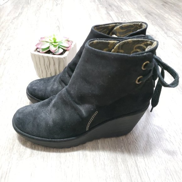 Fly London Yellow Yama Black Suede Booties Sz 9.5 - Picture 3 of 10